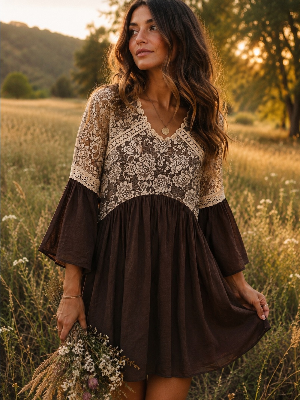 Paisley Vine Brown Lace Bell Sleeve Babydoll Dress Small Boho Cottagecore